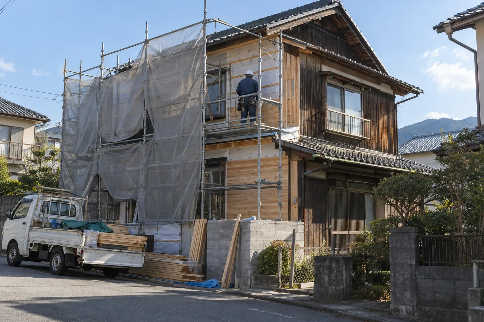 足場を組んで外壁を直している、築年数の古い木造2階建て